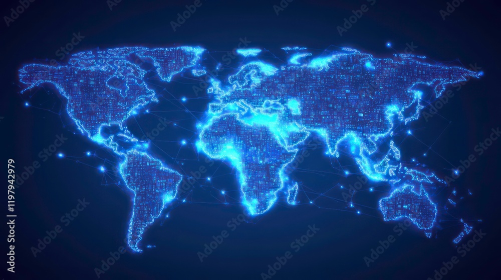 Poster glowing blue digital world map with connecting lines.