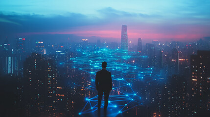 Fototapeta premium Abstract business man stands on the peak of success amid tall, innovative Smart city and graphs with statistics to analyze business potential and predict future developments in company growth.