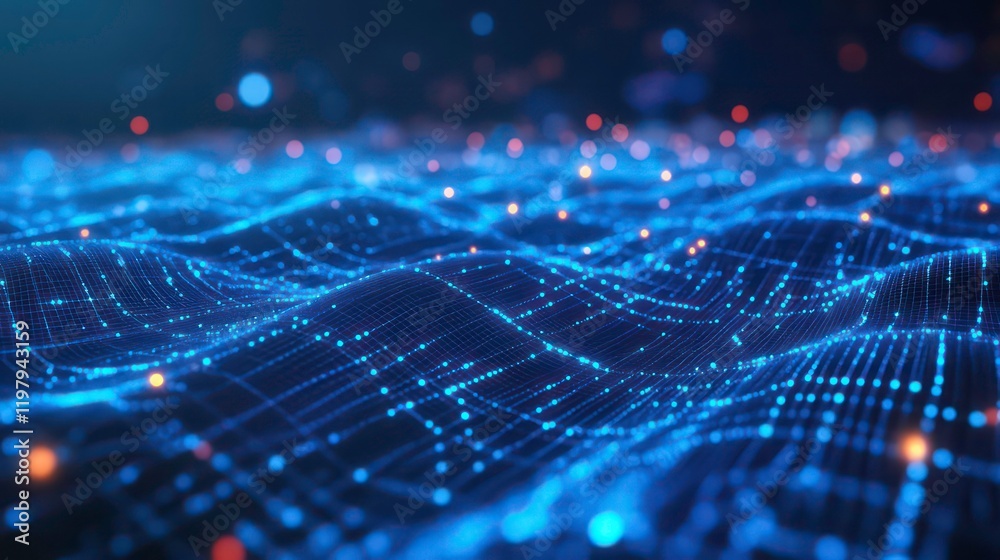 Poster abstract blue glowing digital wave, network connection, data flow, technology background.