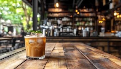 Refreshing Iced Coffee on Rustic Wooden Table in Cafe