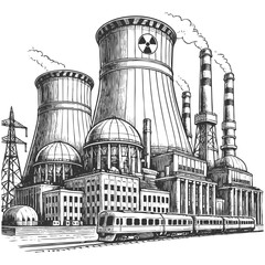 nuclear power plant with cooling towers, chimneys, a train, and industrial structures emitting smoke sketch engraving generative ai vector illustration. Scratch board imitation. Black and white image.