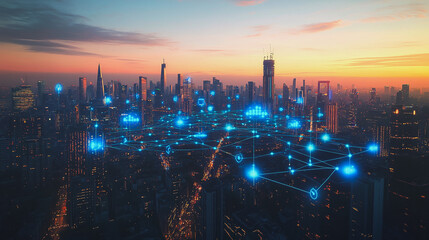 Fototapeta premium Abstract business man stands on the peak of success amid tall, innovative Smart city and graphs with statistics to analyze business potential and predict future developments in company growth.