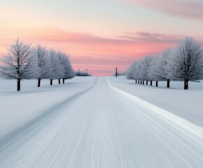 Obraz premium Snow-covered road lined with frosty trees at sunset in winter landscape