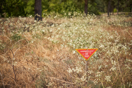 Warning sign marks hazardous area in overgrown landscape during summer