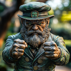 Statue of a man with a green hat and beard, holding his hands up in the air as if he is punching