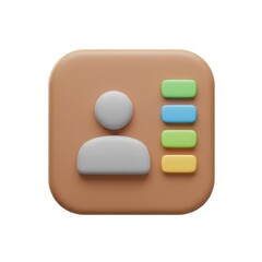 A 3D illustration of a contact icon with a gray user profile symbol and tabs in green, blue and yellow isolated on a white background