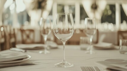 Fototapeta premium Empty wine glass on a table at a wedding reception.