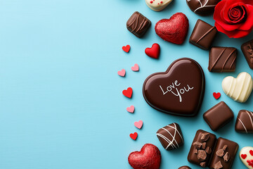 Fototapeta premium Romantic Heart-Shaped Valentines chocolate on blue background