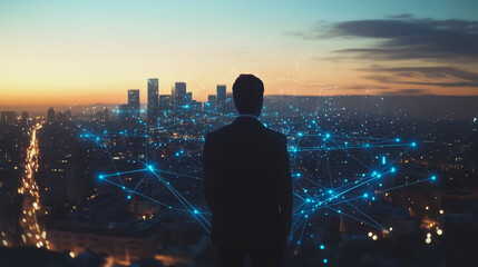 Fototapeta premium Abstract business man stands on the peak of success amid tall, innovative Smart city and graphs with statistics to analyze business potential and predict future developments in company growth.