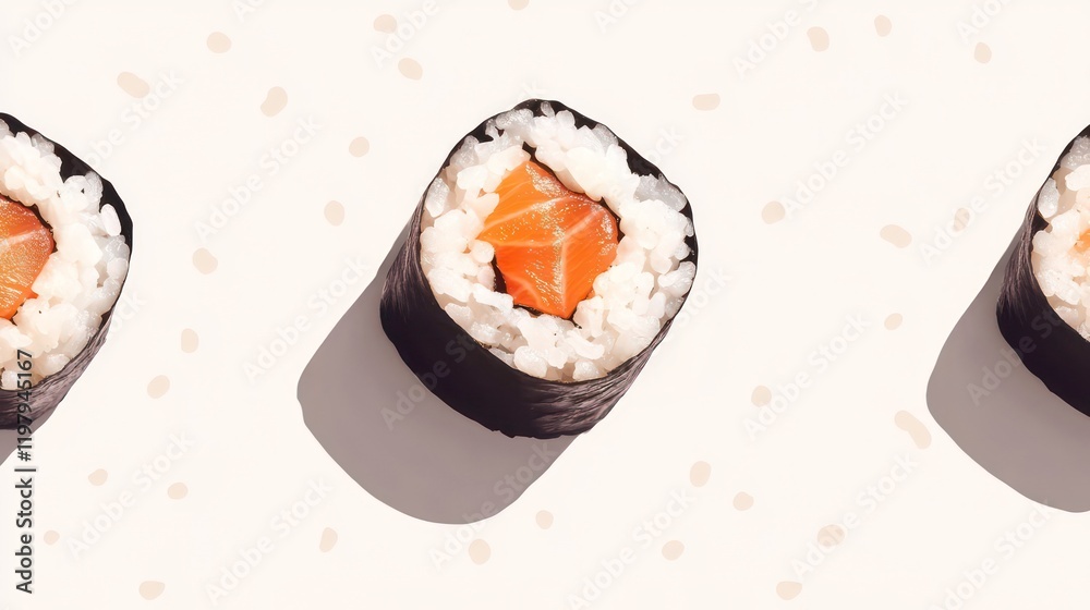 Poster three salmon maki sushi rolls arranged in a row on a light beige background.