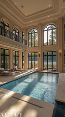 Fototapeta premium Luxurious indoor pool in spacious room with large windows, natural light, and elegant architecture. serene atmosphere with views of nature outside