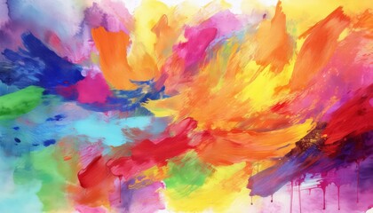 Vibrant Abstract Watercolor Artistry Swirling Strokes and Spots of Bright Multicolored Paint Bringing to Life a Whimsical Landscape