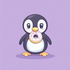 Obraz premium Cartoon penguin eating a donut, isolated on light purple background. For kids or food-related topics