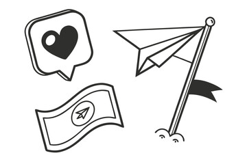 Minimalist icon set, black and white symbols, social media icons, heart shape, speech bubble, paper airplane, bookmark flag, outlined and solid versions, simple geometric designs, vector graphics, cle