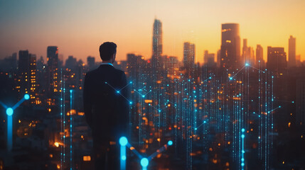 Abstract business man stands on the peak of success amid tall, innovative Smart city and graphs with statistics to analyze business potential and predict future developments in company growth.