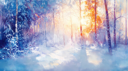 A serene winter wonderland captivating snowy landscape with softly blurred trees and gentle snowfall capturing tranquility. Sunweave. Illustration