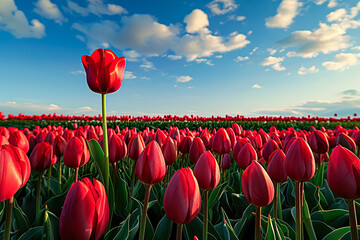 Single red tulip stands out in a field of red tulips. The field is full of tulips, with some of them being taller than the single tulip. The sky is blue and clear, and the sun is shining brightly