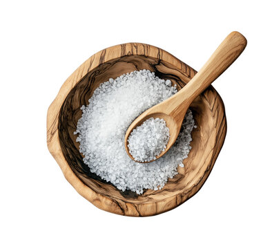 A wooden bowl filled with salt and a wooden spoon