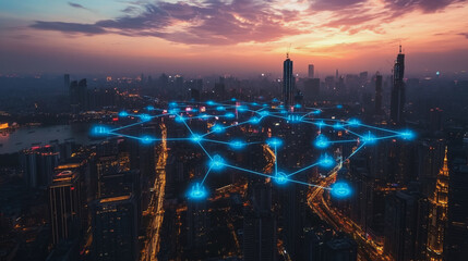 Abstract business man stands on the peak of success amid tall, innovative Smart city and graphs with statistics to analyze business potential and predict future developments in company growth.