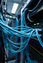 Information Technology Computer Network, Telecommunication Ethernet Cables Connected to Internet Switch In Data Center, with white tones