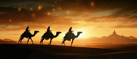 Silhouetted figures of three Wisemen on desert camels.