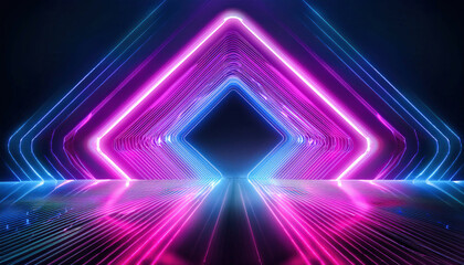 Fototapeta premium A vibrant neon light background featuring glowing geometric shapes in bright pink, blue, and purple, creating a bold, energetic, and futuristic atmosphere, perfect for tech or nightlife designs. 