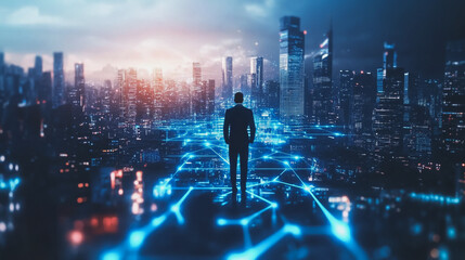 Abstract business man stands on the peak of success amid tall, innovative Smart city and graphs with statistics to analyze business potential and predict future developments in company growth.