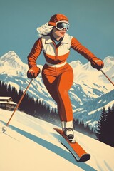 Retro pop art depiction of skiing from the 1950s.