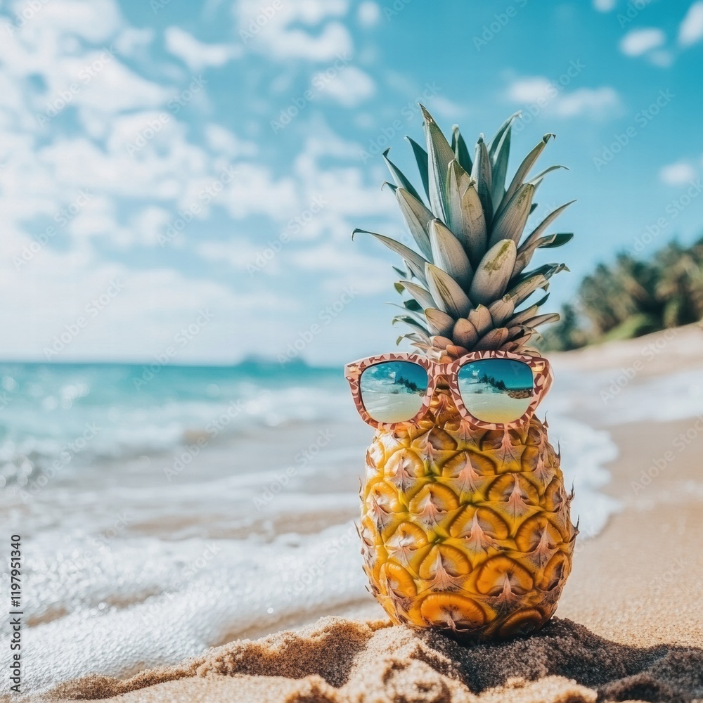 Poster cheerful pineapple wearing sunglasses enjoying a sunny day at the beach by the sea with gentle waves