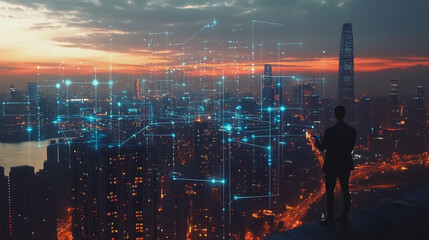 Abstract business man stands on the peak of success amid tall, innovative Smart city and graphs with statistics to analyze business potential and predict future developments in company growth.