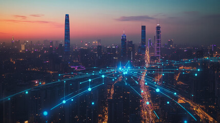 Abstract business man stands on the peak of success amid tall, innovative Smart city and graphs with statistics to analyze business potential and predict future developments in company growth.