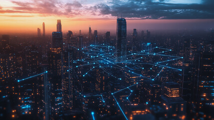 Fototapeta premium Abstract business man stands on the peak of success amid tall, innovative Smart city and graphs with statistics to analyze business potential and predict future developments in company growth.