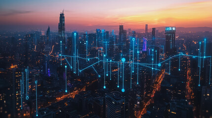 Fototapeta premium Abstract business man stands on the peak of success amid tall, innovative Smart city and graphs with statistics to analyze business potential and predict future developments in company growth.