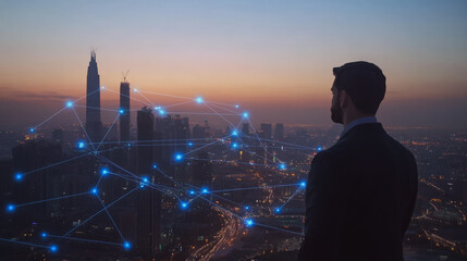 Fototapeta premium Abstract business man stands on the peak of success amid tall, innovative Smart city and graphs with statistics to analyze business potential and predict future developments in company growth.