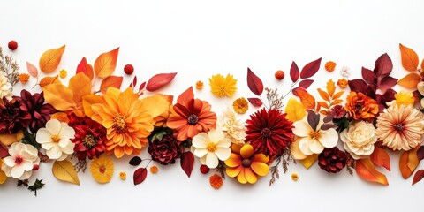Fototapeta premium Elegant flat lay of seasonal blooms against a crisp white backdrop.