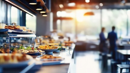 Wide-angle perspective enhances the depth of a buffet setting.
