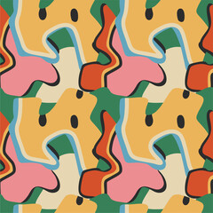 Abstract background, doodle pattern with different shapes and textures. Seamless ornament, simple modern design, bright template for printing. Psychedelic illustration in retro style.