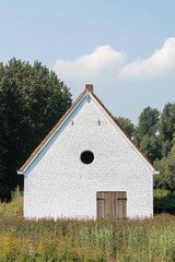 Fototapeta premium A distinctive white house featuring a charming circular window is nestled amidst vibrant greenery, all under a bright blue sky in a serene rural landscape