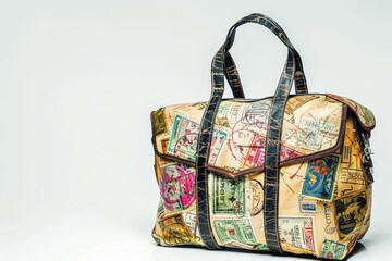Vintage looking leather bag with a variety of stamps and postcards on it. The bag is brown and black and has a black strap