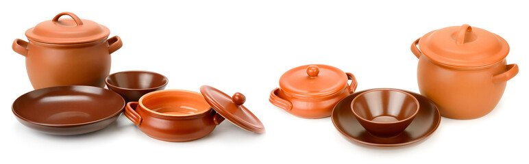 Large set of cookware (pots, plates, cups) isolated on white