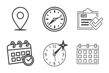 Fototapeta premium minimalist icons, location pin, clock face, calendar, black and white, simple design, vector graphics, app interface elements, time management symbols, scheduling icons,