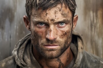 Dirty Man's Portrait: Muscular Young Male with Dirty Face