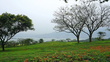 Hilltop meadow, blooming flowers, harbor view, overcast
