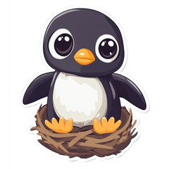 Obraz premium A cartoon penguin chick sits in a nest, isolated on a white background, possible use for sticker