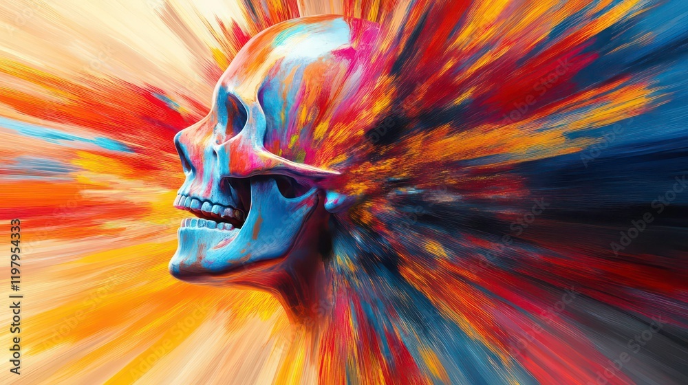 Poster colorful skull exploding with vibrant paint splashes.