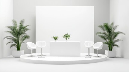 Minimalist White Interior Design: Modern Showroom with Plants and Chairs