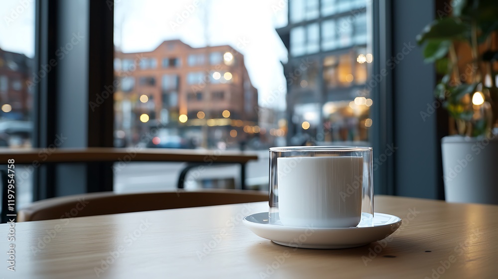 Sticker White Coffee Cup on Wooden Table with City View