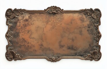 Antique Ornate Metal Plaque: A richly textured, antique bronze-colored metal plaque with ornate, floral detailing on its edges, providing a vintage and elegant aesthetic.
