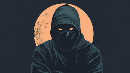 Thief icon, criminal person sign, bandit in mask, burglar silhouette, killer, gangster or robber in balaclava. Moonbark. Illustration
