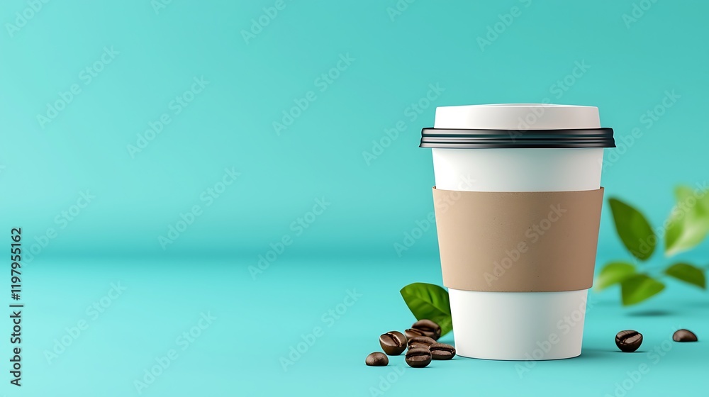 Sticker White Coffee Cup with Coffee Beans and Mint Leaves on Teal Background